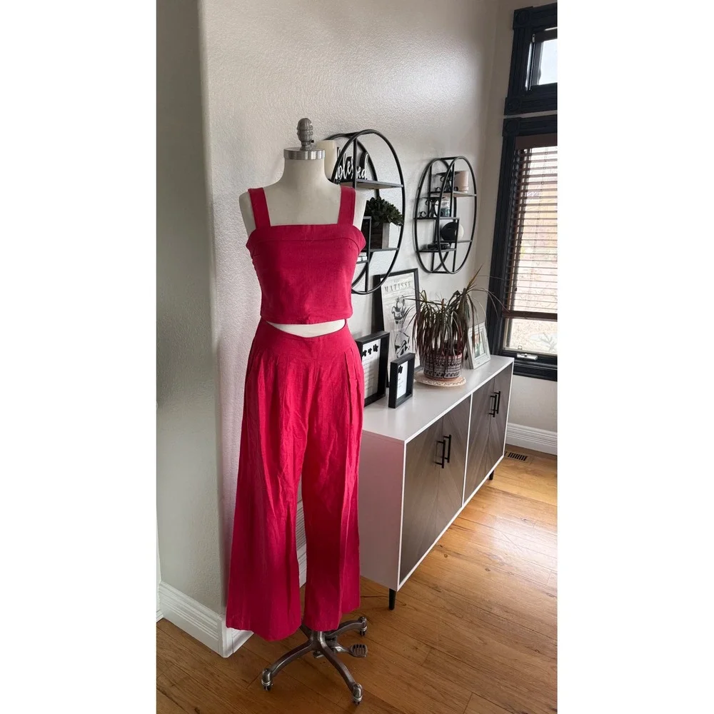 Abercrombie & Fitch Pink Linen Blend 2 Piece Set Crop Top Wide Leg Pants Small - Picture 2 of 16